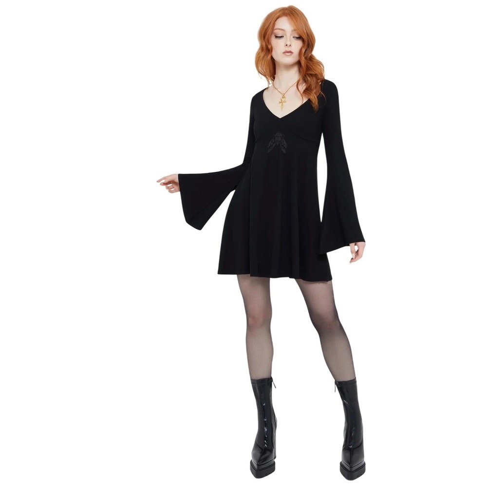 Killstar Black Bell Sleeve Hooded Mini Dress Gothic Witchy V-Neck S Halloween